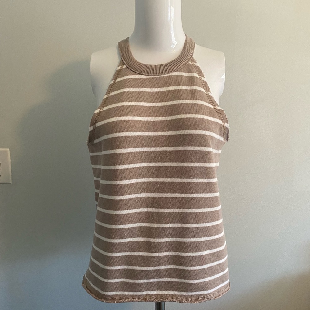 Aerie Ribbed Neckline Sleeveless Tan & White Striped Tank